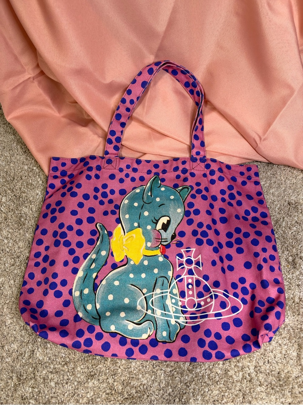 Vivienne Westwood Rare Pink Polka Dot Cat Orb Tote Bag